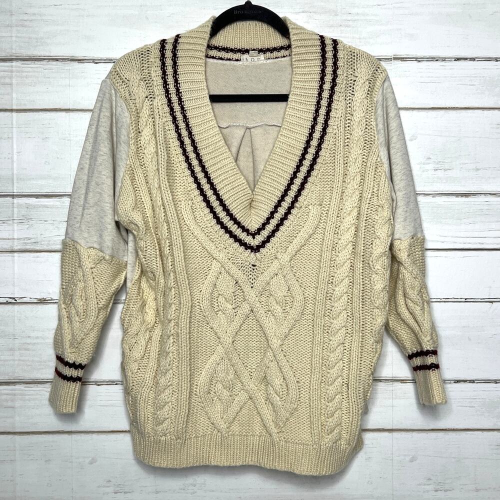POL Cable Knit Sweater Small Cream V-Neck Varsity Stripe Cozy Knit
